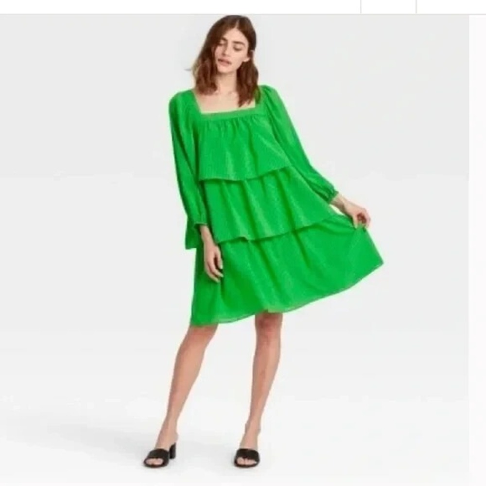 Who What Wear Womens Green Tiered Layered Ruffle Dress Long Sleeve‎ Size XXL